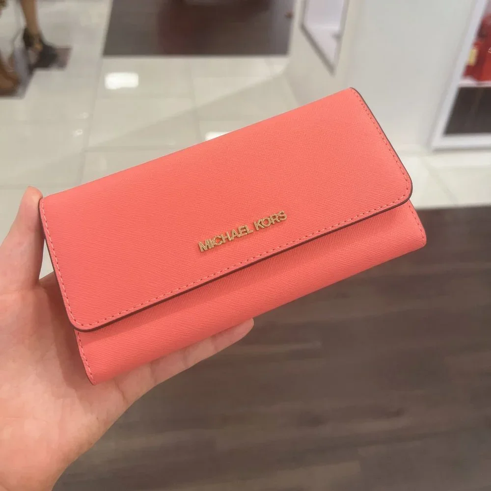Michael Kors Jet Set Travel Large Trifold Wallet Leather Pink Grapefruit